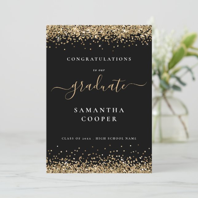 invitación negra de Purpurina de Oro de Graduación (Anverso de pie)