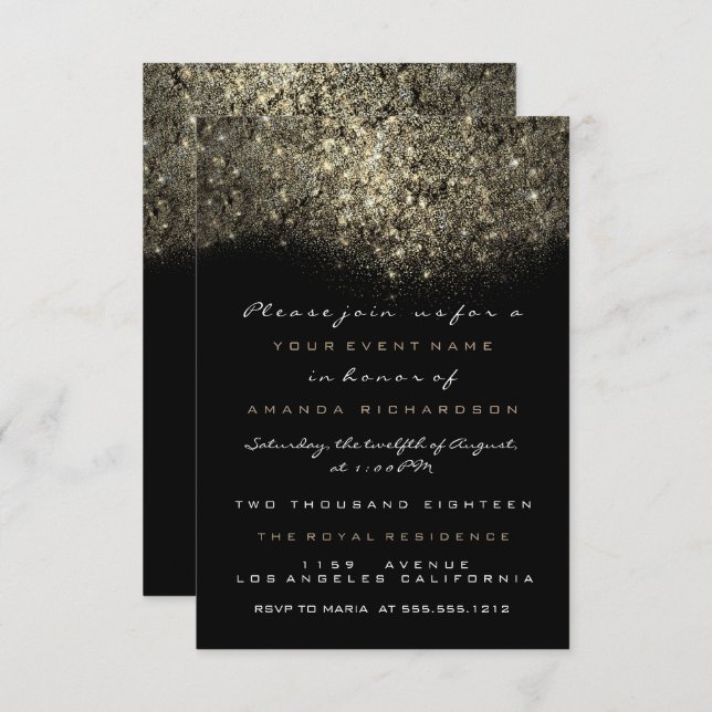 Invitación negra de Sepia Gold Sparkly Purpurina (Anverso / Reverso)