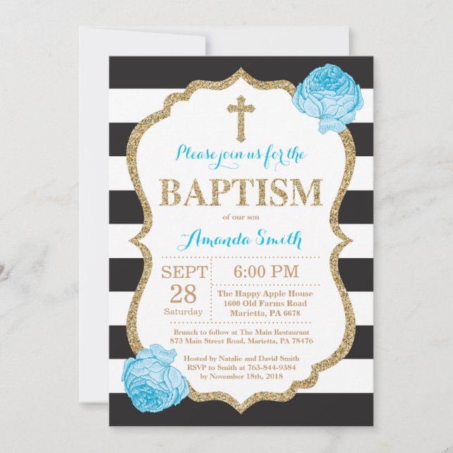 Invitación negra del bautismo del purpurina del (Anverso)