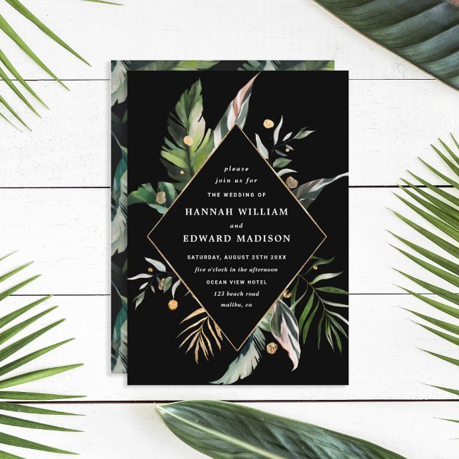 Invitación negra del Boda de follaje tropical salv (Subido por el creador)