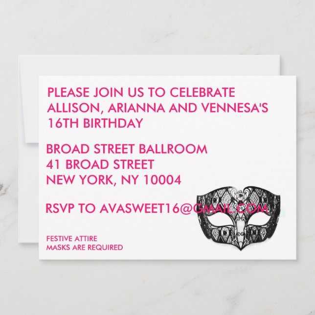 INVITACIÓN NEGRA DEL FIESTA DE LA MÁSCARA (Anverso)