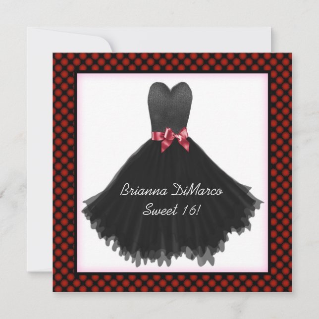 Invitación negra del vestido de fiesta (Anverso)