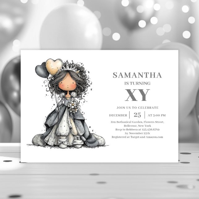 Invitación negra dorada para cumpleaños de niña co (Quirky Chic Girl Birthday Sketch Black Gold invitation)
