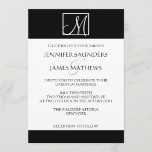 Invitación negra elegante de la boda de la inicial