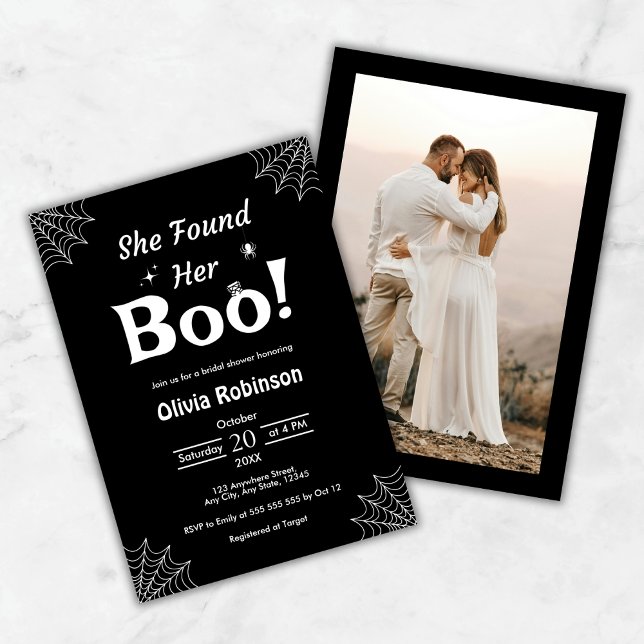 Invitación Negra, encontró su ducha de novia Boo Halloween (Black She Found Her Boo Photo Halloween Bridal Shower Invitation )