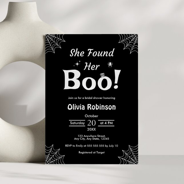 Invitación Negra, encontró su ducha de novia Boo Halloween (Black She Found Her Boo Halloween Bridal Shower Invitation   )