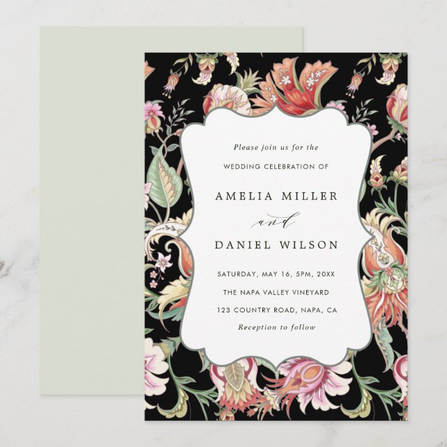 Invitación Negra | Fantasía tropical Boho Boda Floral (Anverso / Reverso)