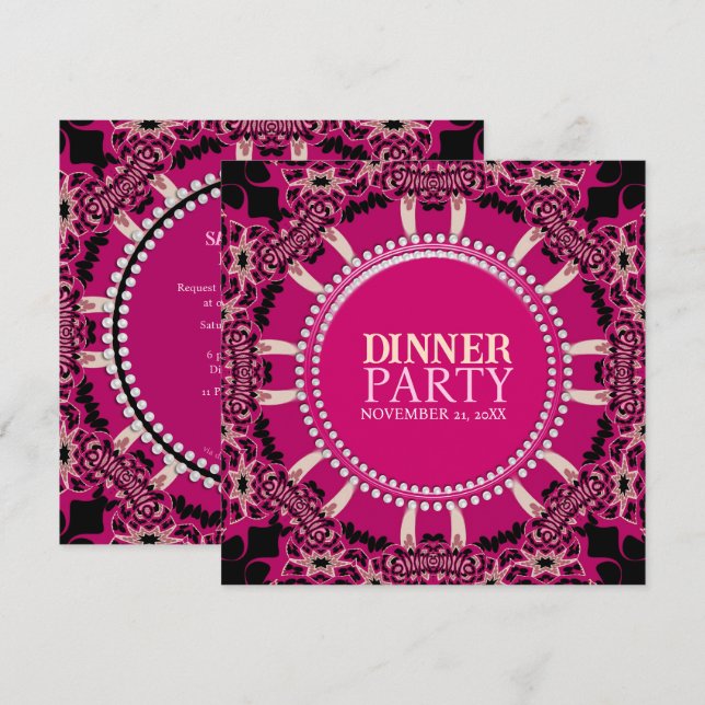 Invitación Negra Fiesta de cena tribal de estilo rosado moder (Anverso / Reverso)