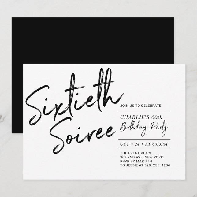 Invitación Negra | Fiesta de cumpleaños número 60 de Soiree M (Anverso / Reverso)