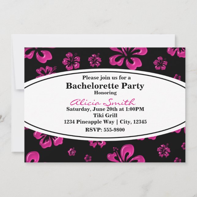 Invitación negra floral de Hibiscus Tropical Rosa (Anverso)