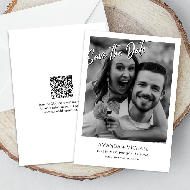 Invitación Negra | Foto blanca Boda con código QR Guardar la  (Cherish the moment and announce your day with our captivating photo Save the Date invitation.)