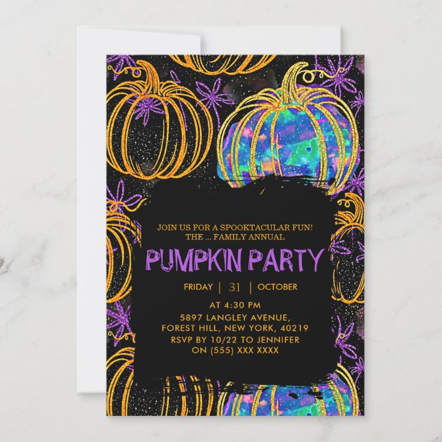 Invitación Negra | Halloween de calabaza purpurina (Anverso)