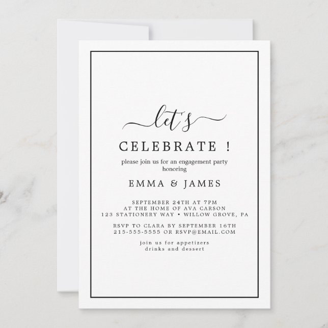 Invitación negra minimalista "celebremos" (Anverso)
