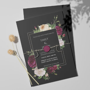 Invitación negra moderna con personajes borgoñosos