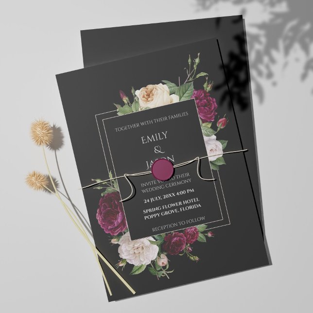 Invitación negra moderna con personajes borgoñosos (Subido por el creador)
