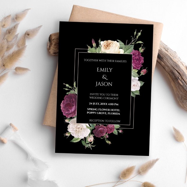 Invitación negra moderna con personajes borgoñosos (Modern Black Invitation with Burgundy Peonies on a boho table.)