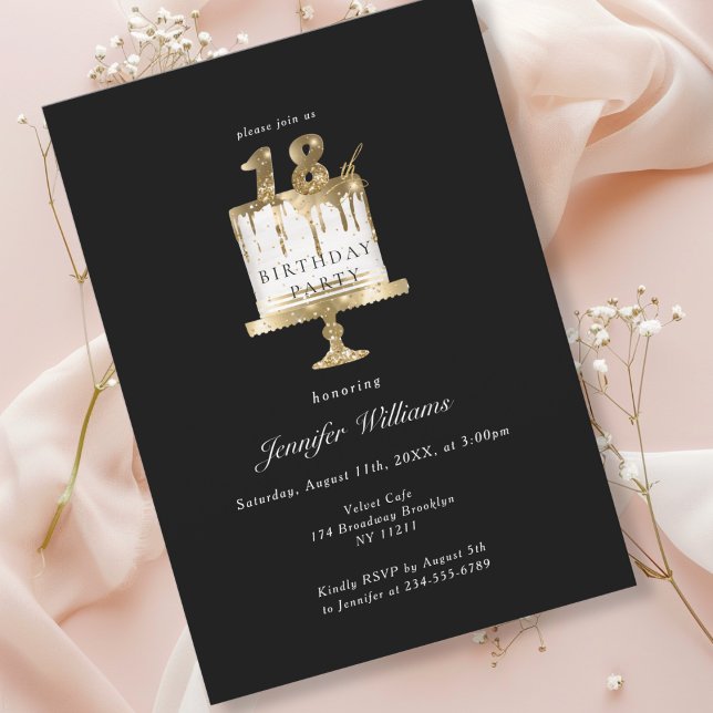 Invitación negra moderna y elegante de 18 años (Modern, elegant, luxury, black & gold, 18. birthday invitation with cake illustration.)