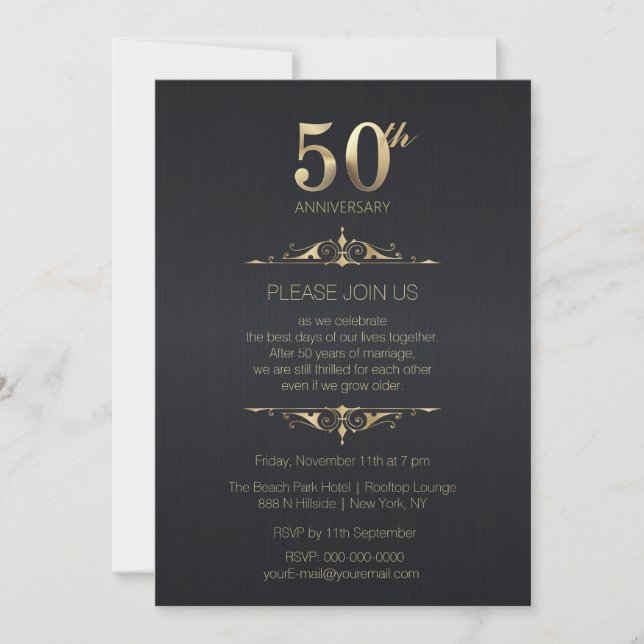 Invitación Negra para 50 Aniversario de Boda (Anverso)