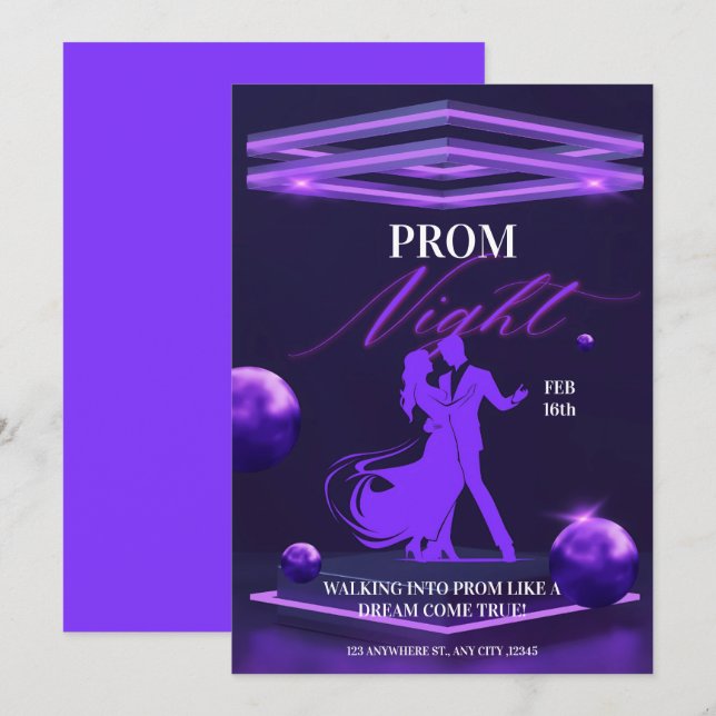 Invitación Negra Purple Bold Prom (evento) (Anverso / Reverso)