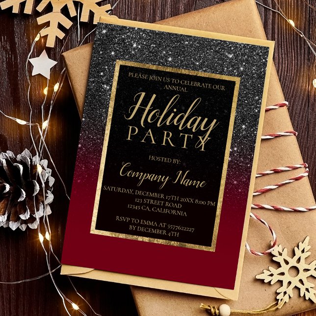 Invitación Negra purpurina oro rojo negocio corporativo (Black glitter gold red business corporate invitation)