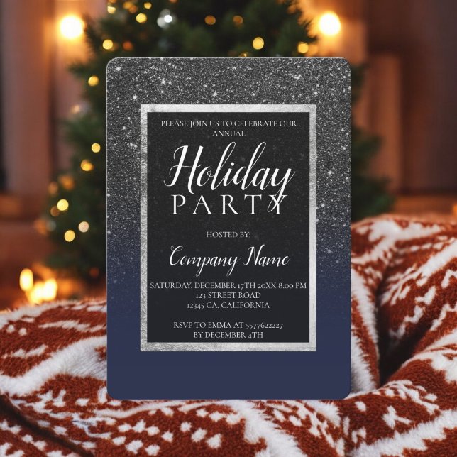 Invitación Negra purpurina plateada empresa de negocios azul  (Black glitter silver navy blue business corporate invitation)