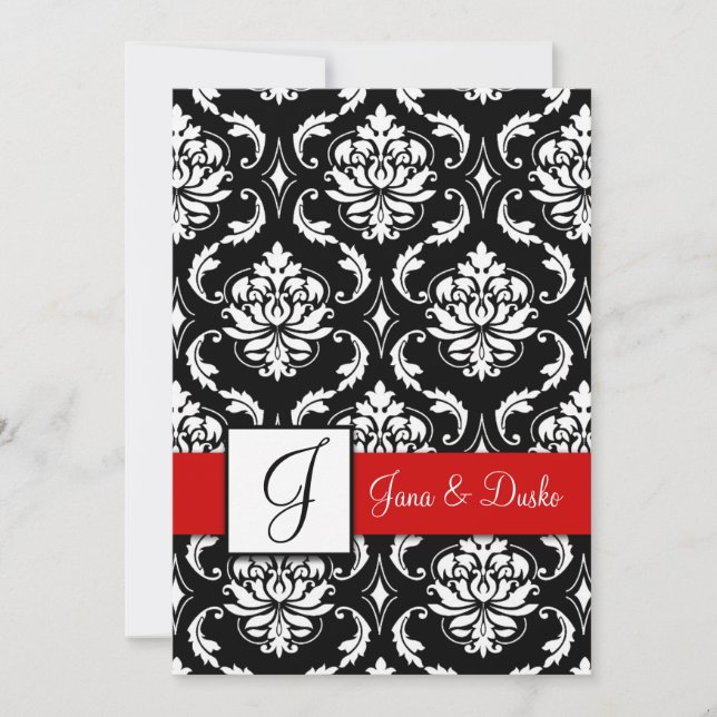 Invitación negra roja de la boda del monograma del (Anverso)