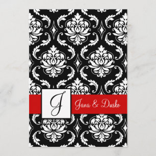 Invitación negra roja de la boda del monograma del