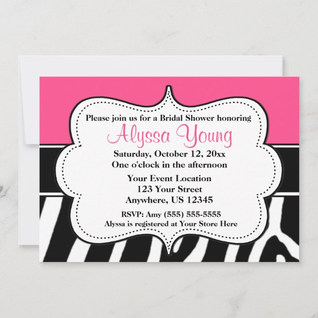Invitación negra rosada del estampado de zebra (Anverso)
