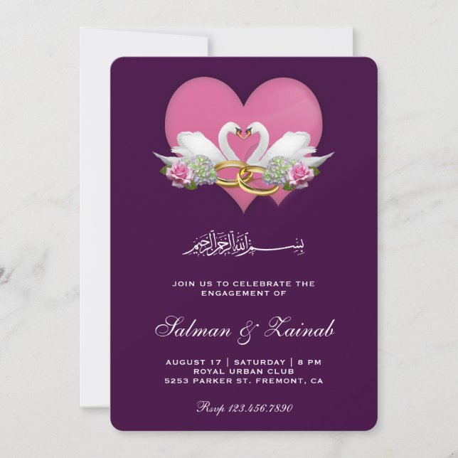 Invitación Negra Violeta Romántica Cisnes Compromiso Islámico (Anverso)