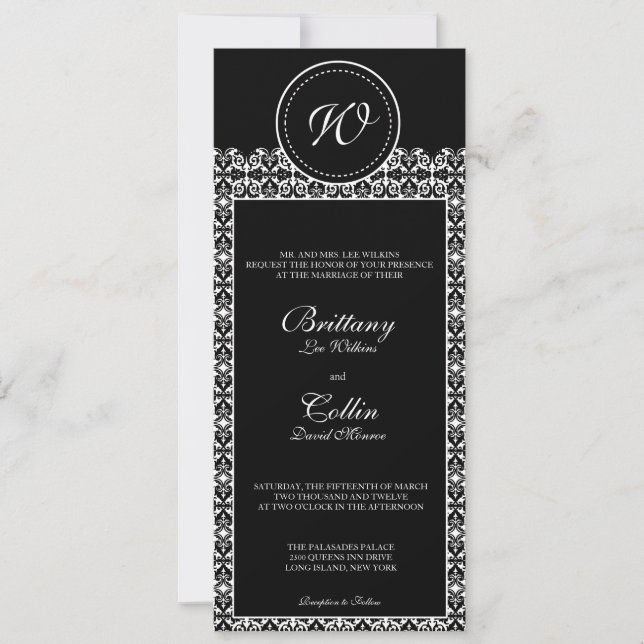 Invitación negra y blanca de la boda del monograma (Anverso)