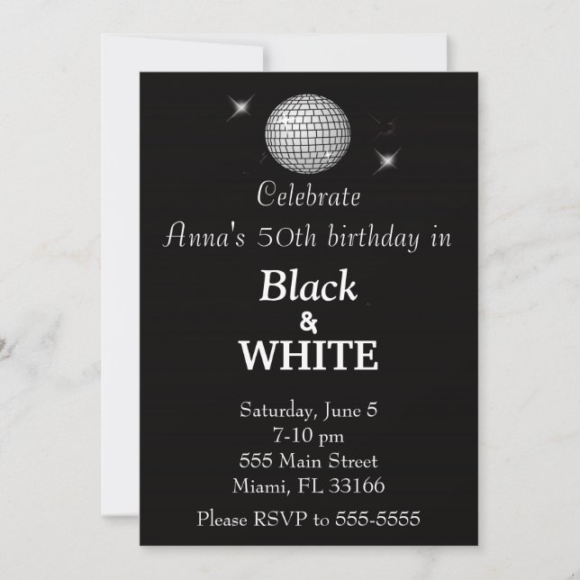 Invitación negra y blanca de la fiesta de (Anverso)
