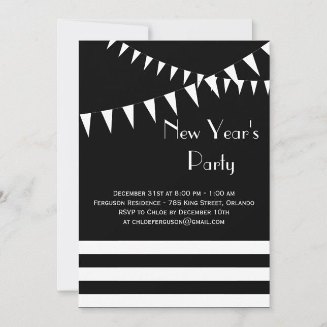 Invitación negra y blanca del fiesta del Año Nuevo (Anverso)