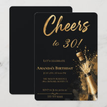Invitación negra y dorada para el 30 cumpleaños