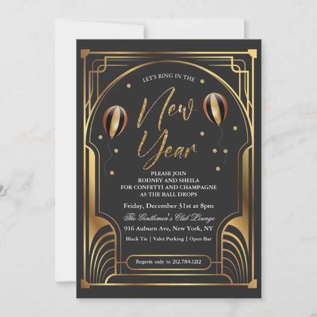 Invitación Negra y Dorada para Nochevieja (Anverso)