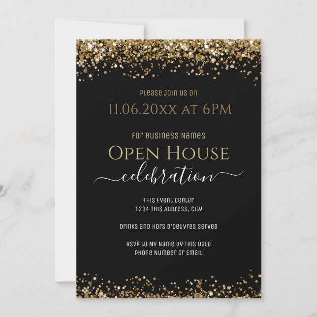 Invitación Negra y Purpurina Gold Open House Business (Anverso)