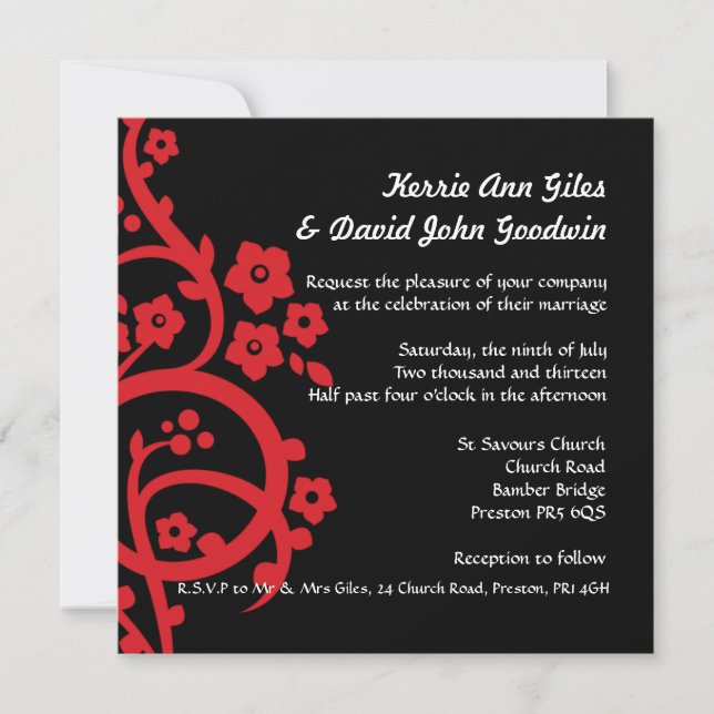 Invitación negra y roja de la boda (Anverso)