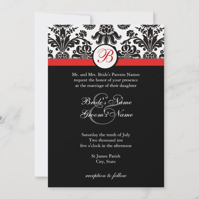 Invitación negra y roja de la boda del damasco (Anverso)