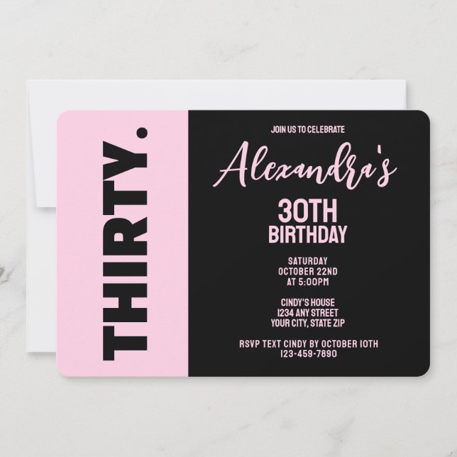Invitación Negra y rosa trendy Fiesta de cumpleaños número 30 (Anverso)