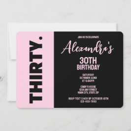 Invitación Negra y rosa trendy Fiesta de cumpleaños número 30