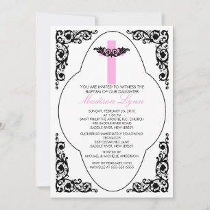 Invitación negra y rosada elegante del bautismo