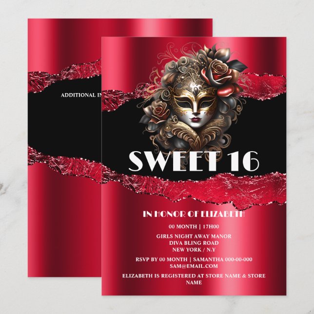 Invitación Negras rojas dulce 16 chicas mascarada máscara gla (Anverso / Reverso)