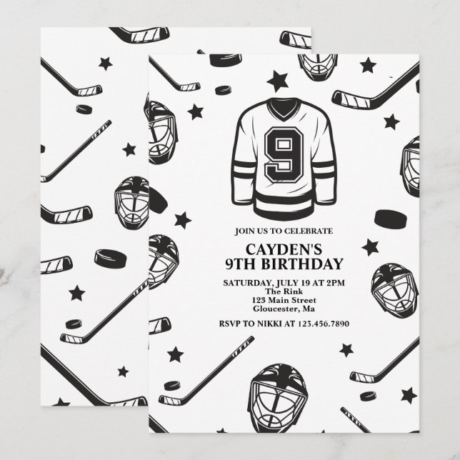Invitación Negras y blancas de hockey Noveno cumpleaños (Anverso / Reverso)