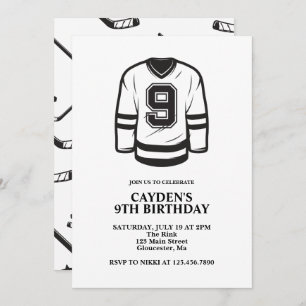 Invitación Negras y blancas de hockey Noveno cumpleaños