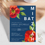 Invitación Negrita Batería De La Marina Mitzvah Red Floral Wa<br><div class="desc">Estar orgulloso, regocijarse y mostrar este hito de su Bat Mitzvah favorito con esta sofisticada y personalizada invitación! Una moda, una impresionante acuarela de color rojo floral con un estilo serif san moderno, domina un fondo azul marino. Personalice el texto del personalizado con el nombre, fecha y lugar de su...</div>