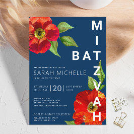Invitación Negrita Batería De La Marina Mitzvah Red Floral Wa