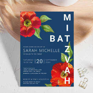 Invitación Negrita Batería De La Marina Mitzvah Red Floral Wa