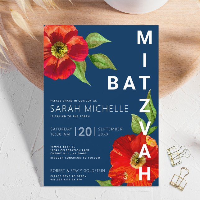 Invitación Negrita Batería De La Marina Mitzvah Red Floral Wa (Subido por el creador)