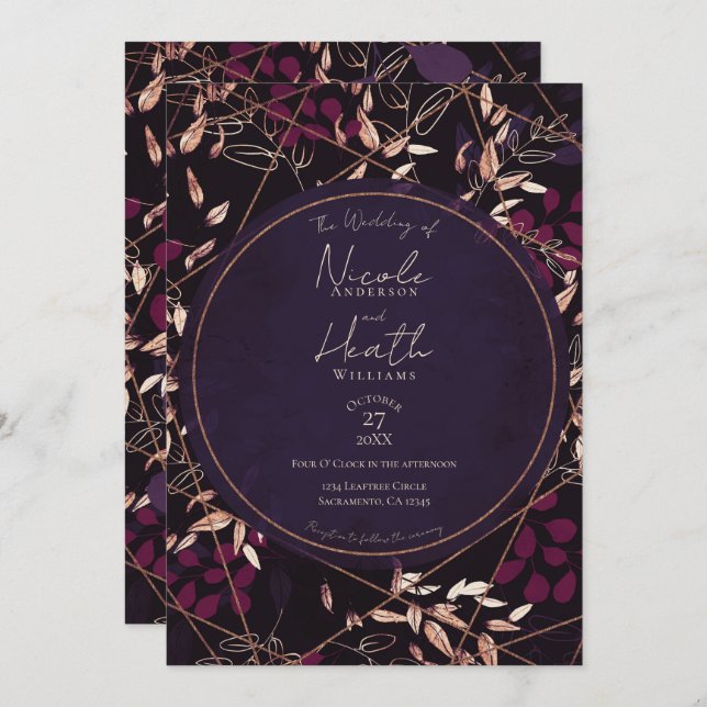Invitación Negrita Boda de bronce morado floral morado de flo (Anverso / Reverso)