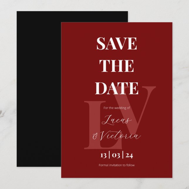 Invitación Negrita Boda Roja y Negra Guardar la fecha (Anverso / Reverso)