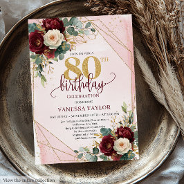 Invitación Negrita Boho Deep Red Gold Flores 80 cumpleaños
